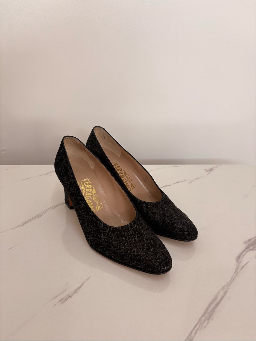 Salvatore Ferragamo Black Textured Mid-Heel Pumps